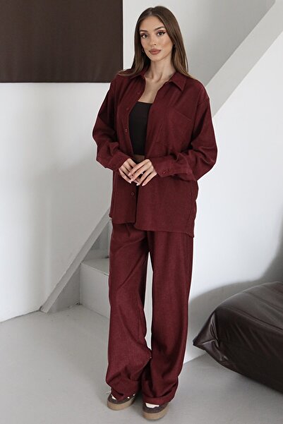 VAGGON Women's Burgundy Single Pocket Oversized Shirt and Tie-Up Trouser Set Vs01480