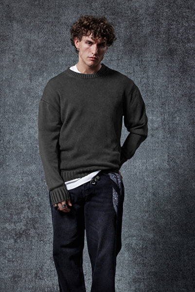 ablukaonline Men's Oversized Crew Neck Basic Knitwear Sweater Black