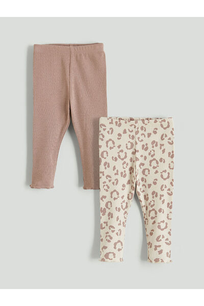 LC Waikiki Bej Beli Lastikli Baskılı Kız Bebek Tayt 2'li