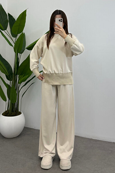 Bipantolon Women's Cream Turtleneck Side Zipper Detailed Modal Suit