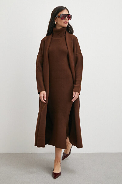 Never more Long Dress Cardigan Knitwear Set Brown