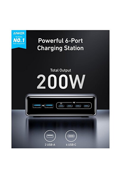 Anker Prime 200W, 4x USB-C , 2X USB-A, GaN,200W Negru