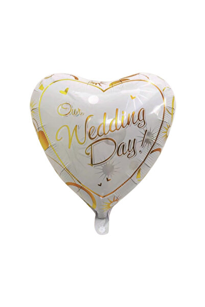 Mirific Party Balon petrecere, folie metalizată albă, 45 cm, inimă, „ziua nunții noastre”