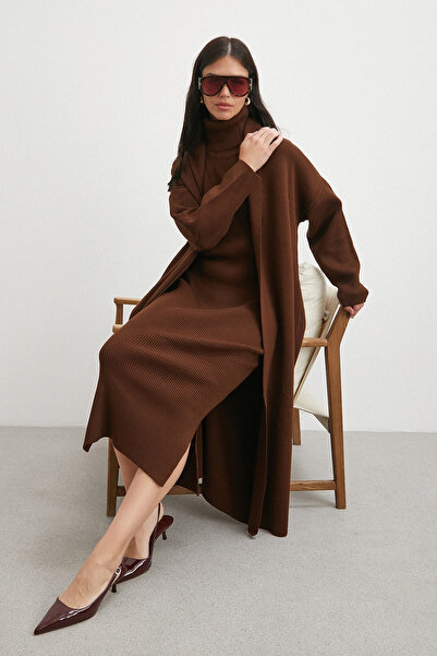 Never more Long Dress Cardigan Knitwear Set Brown