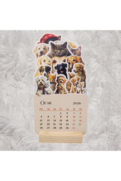 YUNUS COPY 2026 Kedi Köpek Dostluğu Takvimi Ahşap Ayaklı Kedi Köpek Dostluğu Temalı Özel Tasarım Takvim