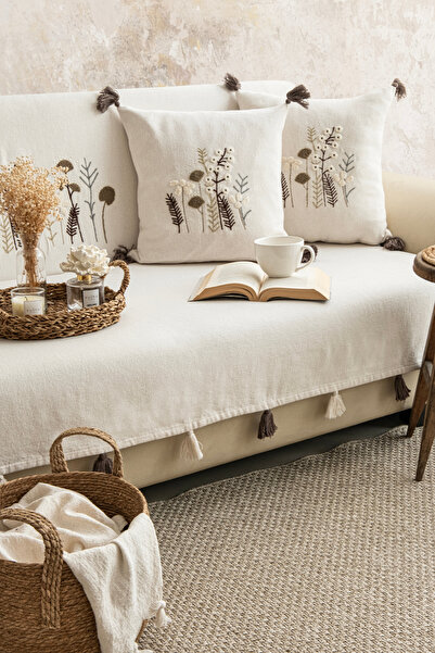 Lux Touch Peony Ecru Embroidered Tasseled Washable 170X210Cm Sofa Cover Set (Includes 2 Throw Pillow Covers 45X45Cm)