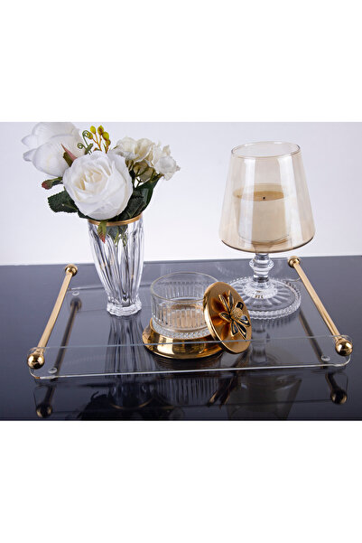 ARGKRİSTAL Transparent Plexiglass Decorative Presentation Tray with Gold Handle - 38X27X5 cm