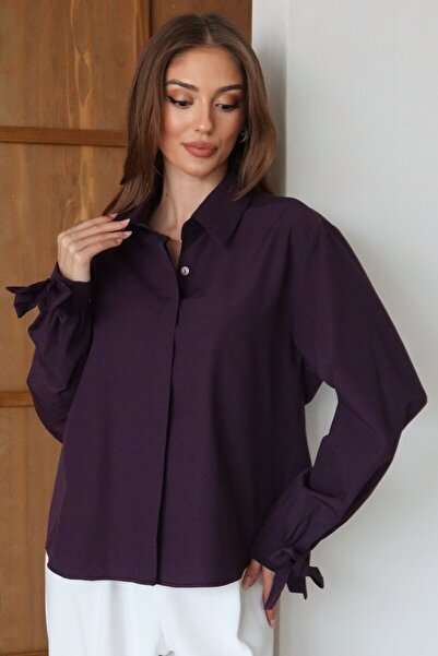 VAGGON Women's Plum Ribbon Detailed Oversized Shirt Vs01481