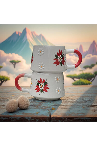 Çiporcal Classic Red Crocus Flower 2-Piece Mug Hand-Decorated Mug Cup Ceramic