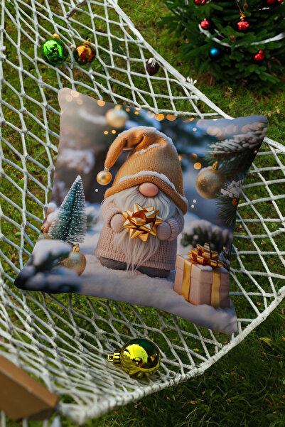 Ahsen Dekoratif New Year Themed Dwarf Castle Yellow and White Patterned 4-Piece Digital Printed Gift Pillow Cushion Cover