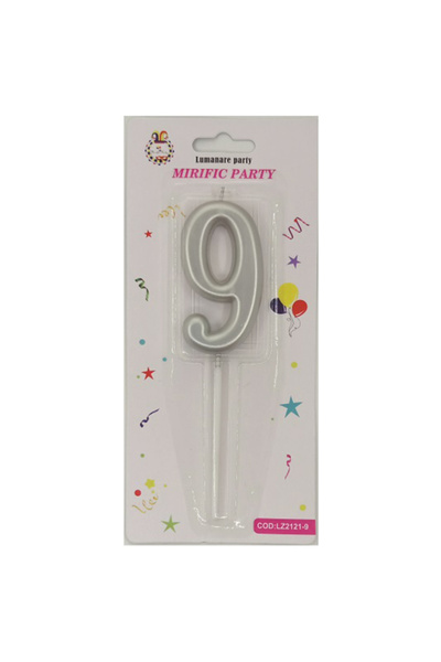 Mirific Party Silver cake candle, 7 cm, number 9