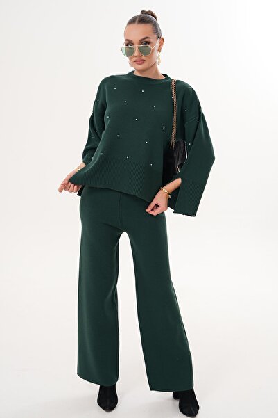 ŞİMAL Women's Stoned Wide Leg Pants Knitwear Knitted Set 255052 -