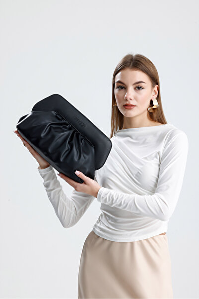 HEYBE'S Heybes Women's Black Vegan Leather Drawstring Design Modern Handbag with Magnet Mechanism