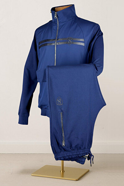 BESSA Blue Stand Collar Tracksuit Set Parachute Fabric Detailed Zipper Pocket Straight Leg Men's