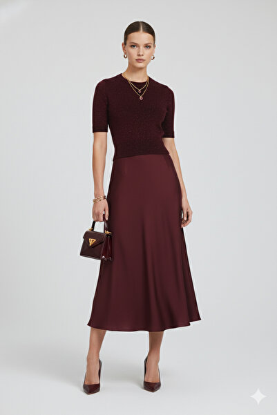 Qoolest Kadın Yünlü Bordo Bisiklet Yaka Kısa Kollu Payet İşlemeli Işıltılı Şık Triko Kazak