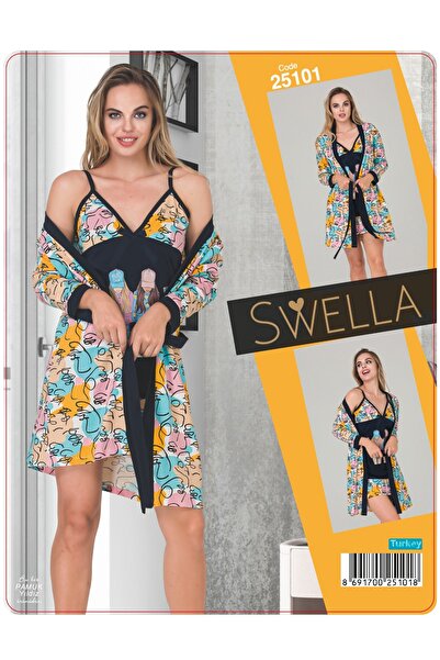 SWELLA Kadın Pamuklu Pijama Takımı Desenli Dantelli Sabahlık Seti