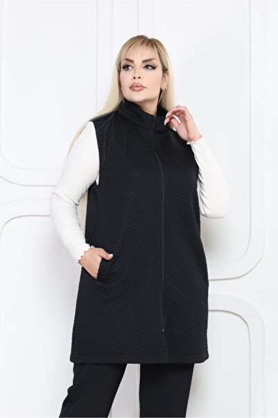 sinemisxxl Jacquard Fabric Black Quilted Plus Size Vest