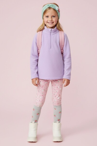 Kübra Tekstil Girls Long Sleeve Purple Mock Neck Half Zip Fleece Top - Girls Sweatshirt, Girls Fleece