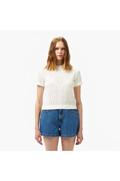 Lacoste Kadın Kısa Kollu Bisiklet Yaka Desenli Beyaz Triko