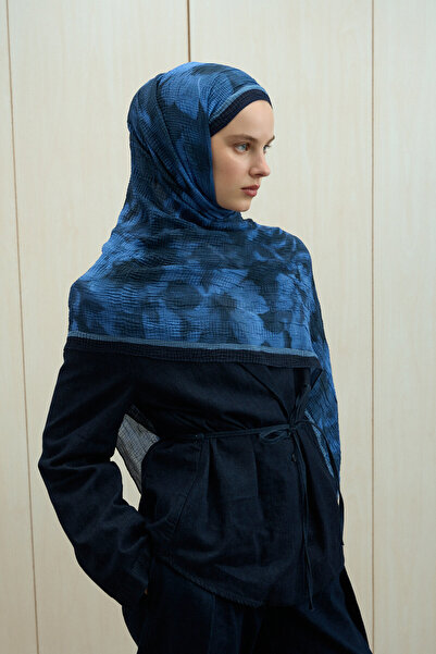 cs camellia scarf Frosted Bloom Muslin Shawl - Navy Blue