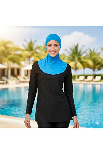 Lio20 Women's Hijab Headscarf Stretch Fabric Sports Cap – Ninja Cap with Neck Collar - Sea Pool - Blue