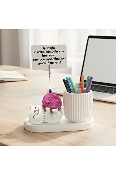 Mira Tasarım Sevimli Kedi Notluk ve Kalemlik Seti - Masaüstü Düzenleyici