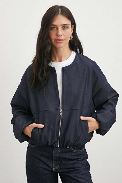 Never more Elastic Waist Zippered Denim Look Bomber Jacket Navy Blue