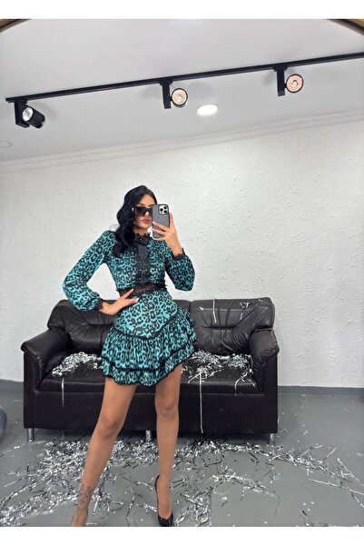 Siseniorita Leopard Printed Ruffle Mini Dress - Lace Applique and High Collar