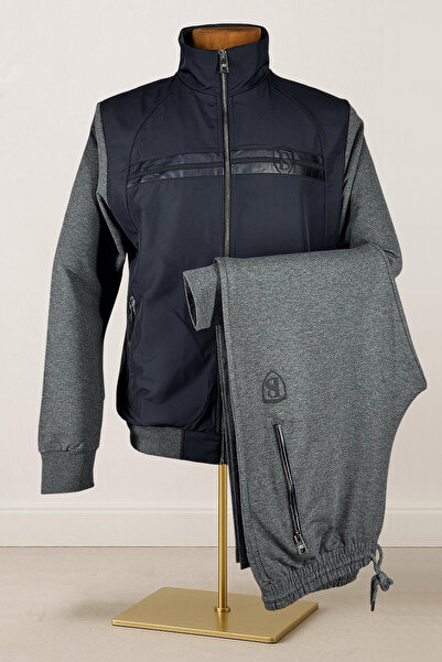 BESSA Smoked Stand Collar Tracksuit Set Parachute Fabric Detailed Zippered Pocket Straight Leg Men's