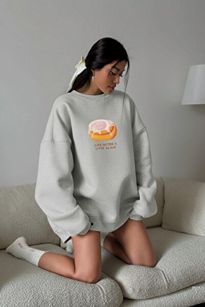 The Champ Clothing Women's Oversized Sweat Dress Bakery Glazed Donut Printed Gray Melange – Crew Neck, 3 Thread Fleece