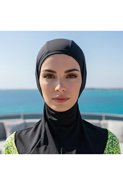 Lio20 Women's Hijab Headscarf Stretch Fabric Sports Cap – Ninja Cap with Neck Cover - Sea Pool - Black