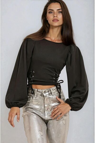 OLSAMODA Women's Eyelet Detail Balloon Sleeve Flexible Fabric Bluse