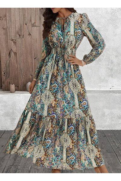 Deridün Yıldız Shoes فستان نسائي طويل الأكمام برباط من الخلف، مرن عند الخصر، ...