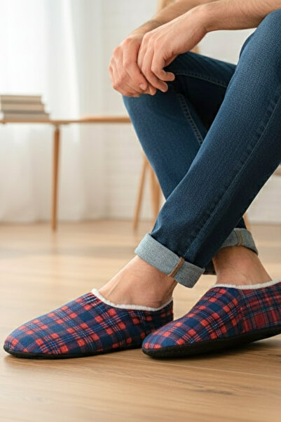Bonas Erkek Ev Panduf, İçi Kışlık Peluş Sıcak Tutan, ABS Kaydırmaz Tabanlı Ev İçi Ayakkabısı Ekose Desen