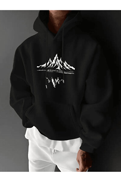 ALEYZA MODA Hanorac cu glugă pentru bărbați, cu imprimeu Mountain Reflection