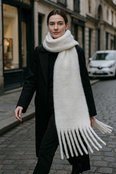 REMSA Women's Tassel Detail Scarf Shoulder Shawl 40X200 cm 1295 Ecru