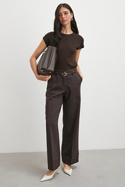 Never more High Waist Leg Detail Belted Trousers Brown