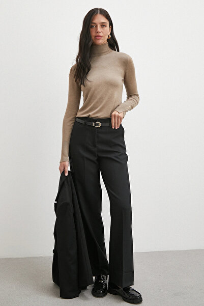 Never more High Waist Leg Detail Belted Trousers Black