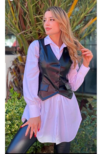 DeYeDe Uzun beyaz gömlek deri Yelek İkili Set