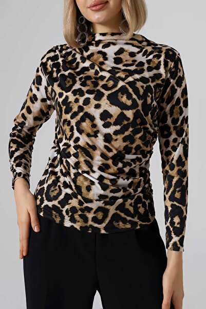Sabr Digital Micro Leopard Print Blouse – Half Turtleneck Stylish Blouse