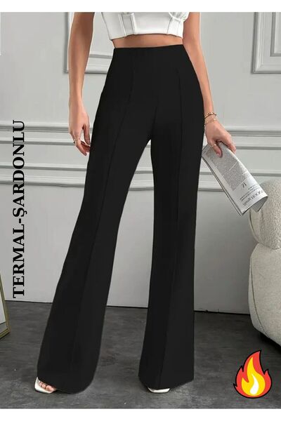 WAYS Black Regular Waist Ribbed Wide Leg Fleece-Lined Pants
