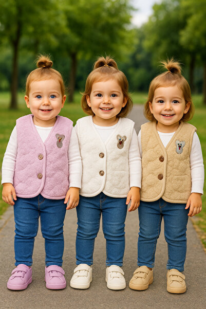 minikiss 3 Pcs Plush Welsoft Embossed Fabric Baby Kids Vest with Buttons and Teddy Bear Pattern