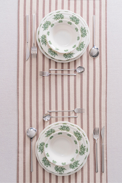 RUBİ PORSELEN Brown Striped Linen Runner 40X140 cm - Soft Textured