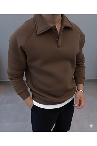 NO 601 Ανδρικό καφέ χοντρό φούτερ Roberto Reglan με γιακά και κουμπιά