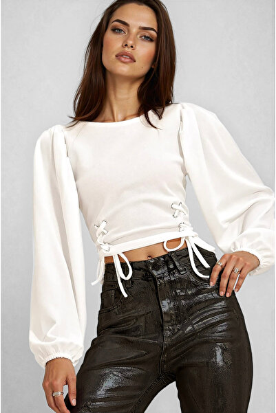 OLSAMODA Women's Eyelet Detail Balloon Sleeve Flexible Fabric Bluse