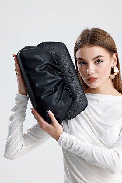 HEYBE'S Heybes Women's Black Vegan Leather Drawstring Design Modern Handbag with Magnet Mechanism