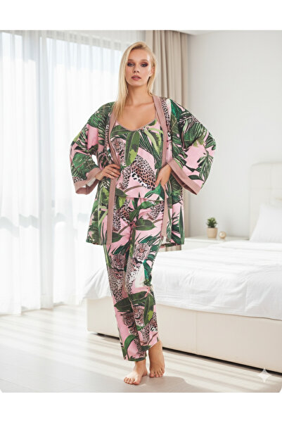 SWELLA Women's Cotton Pajama Set Patterned Lace Robe Set