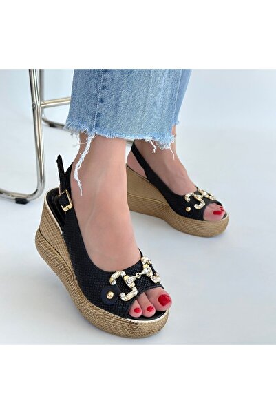 Kanonik Education Caver Black Leather Wedge Heel Sandals