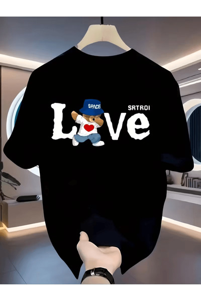 ALEYZA MODA Men's Cool Teddy Bear Printed T-Shirt with'Love' Written on It