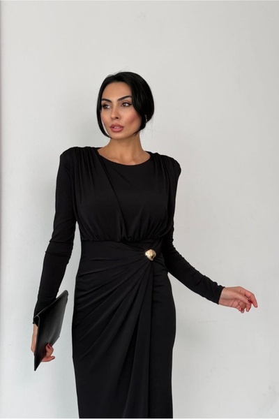 Emel Yıldız Shoulder Pad Detailed Draped Buckle Dress